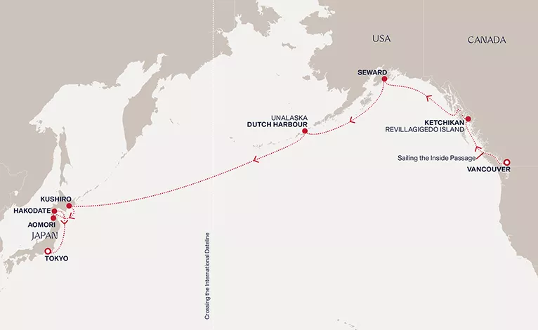 Explora III September 9-26 2028 cruise route map from Vancouver to Tokyo