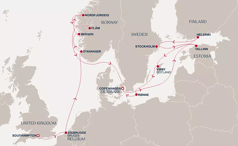 Explora IV May 2-18 2027 cruise route map from Southampton to Copenhagen