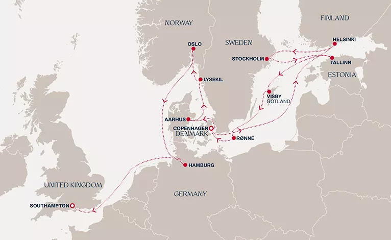 Explora IV May 10-25 2027 cruise route map from Copenhagen to Southampton