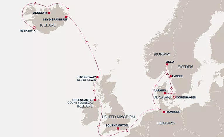 Explora IV May 18-June 2 2027 cruise route map from Copenhagen to Reykjavik