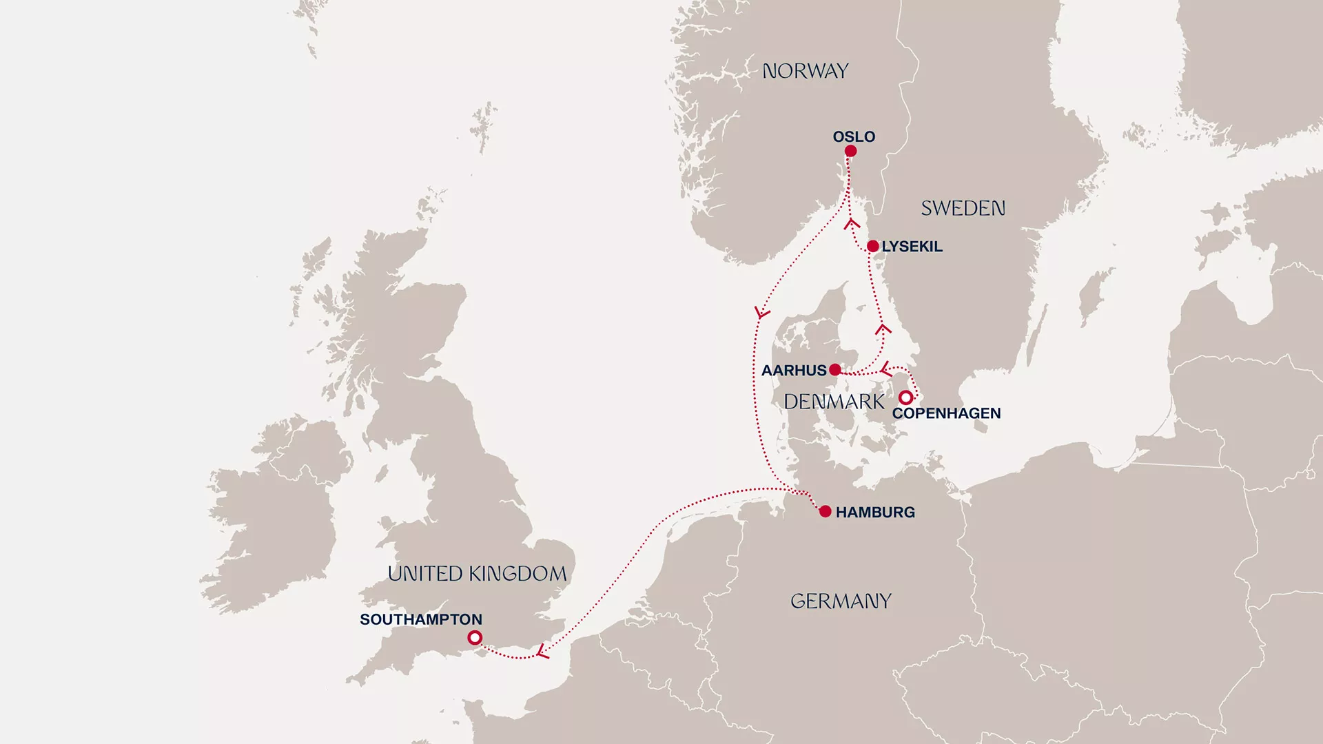 Explora IV May 18-25 2027 cruise route map from Copenhagen to Southampton