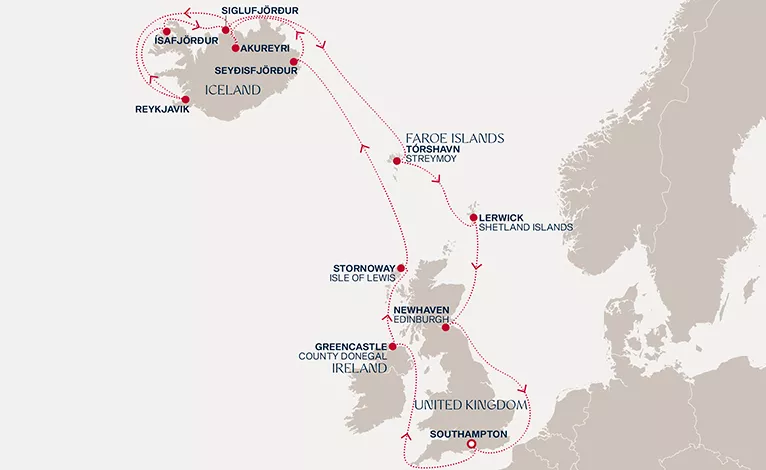 Explora IV May 25-June 10 2027 cruise route map from Southampton to Southampton