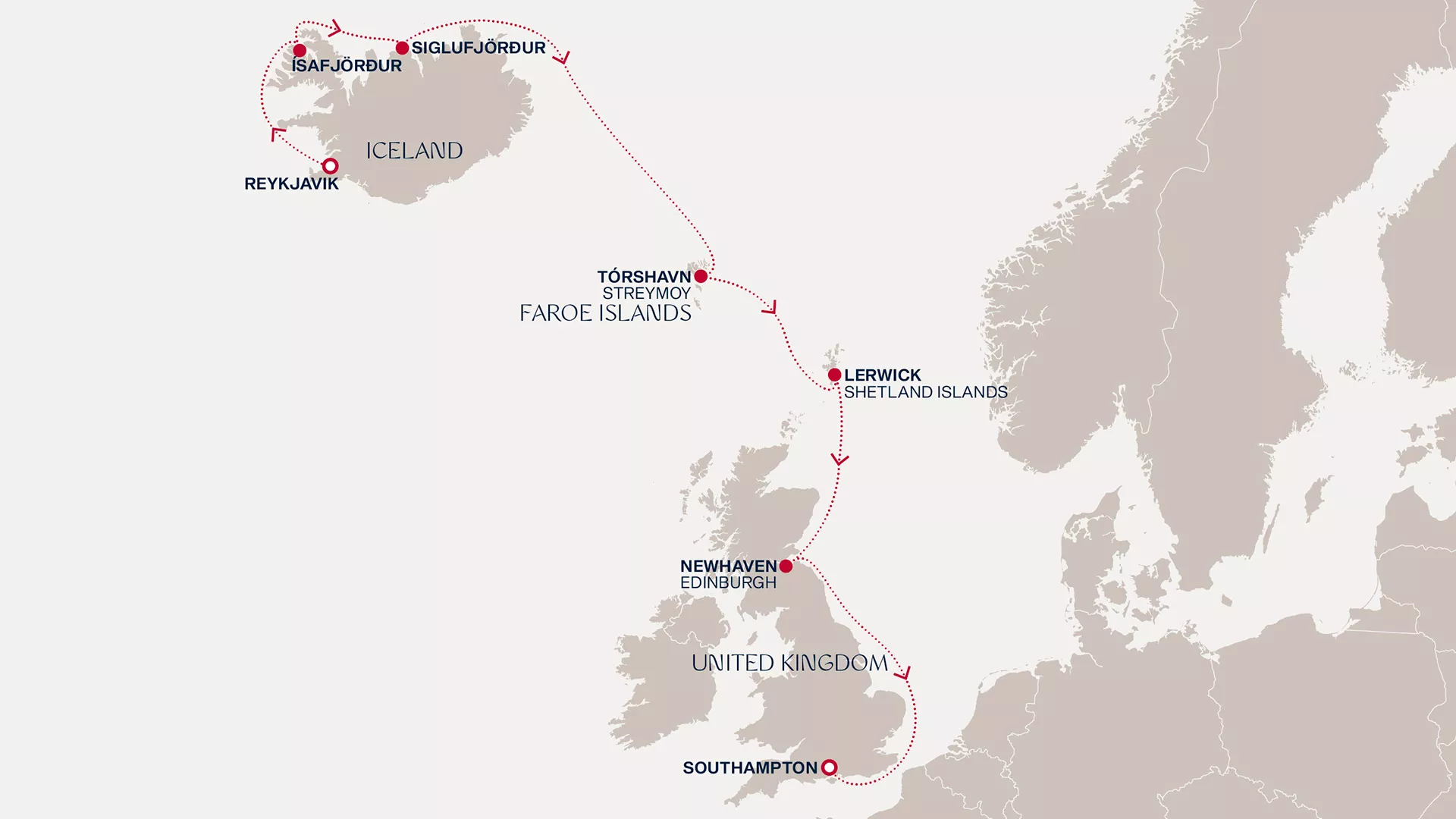 Explora IV June 2-10 2027 cruise route map from Reykjavik to Southampton