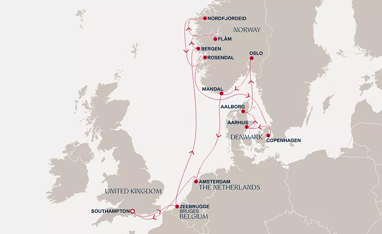Explora IV June 23-July 9 2027 cruise route map from Southampton to Southampton