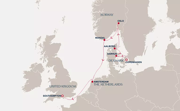 Explora IV July 1-9 2027 cruise route map from Copenhagen to Southampton