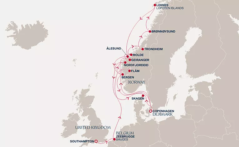 Explora IV July 9-28 2027 cruise route map from Southampton to Copenhagen