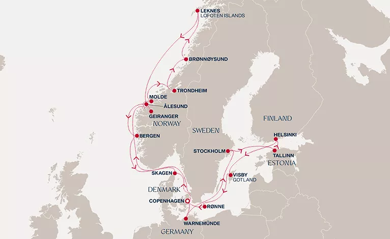 Explora IV July 16-August 6 2027 cruise route map from Copenhagen to Copenhagen