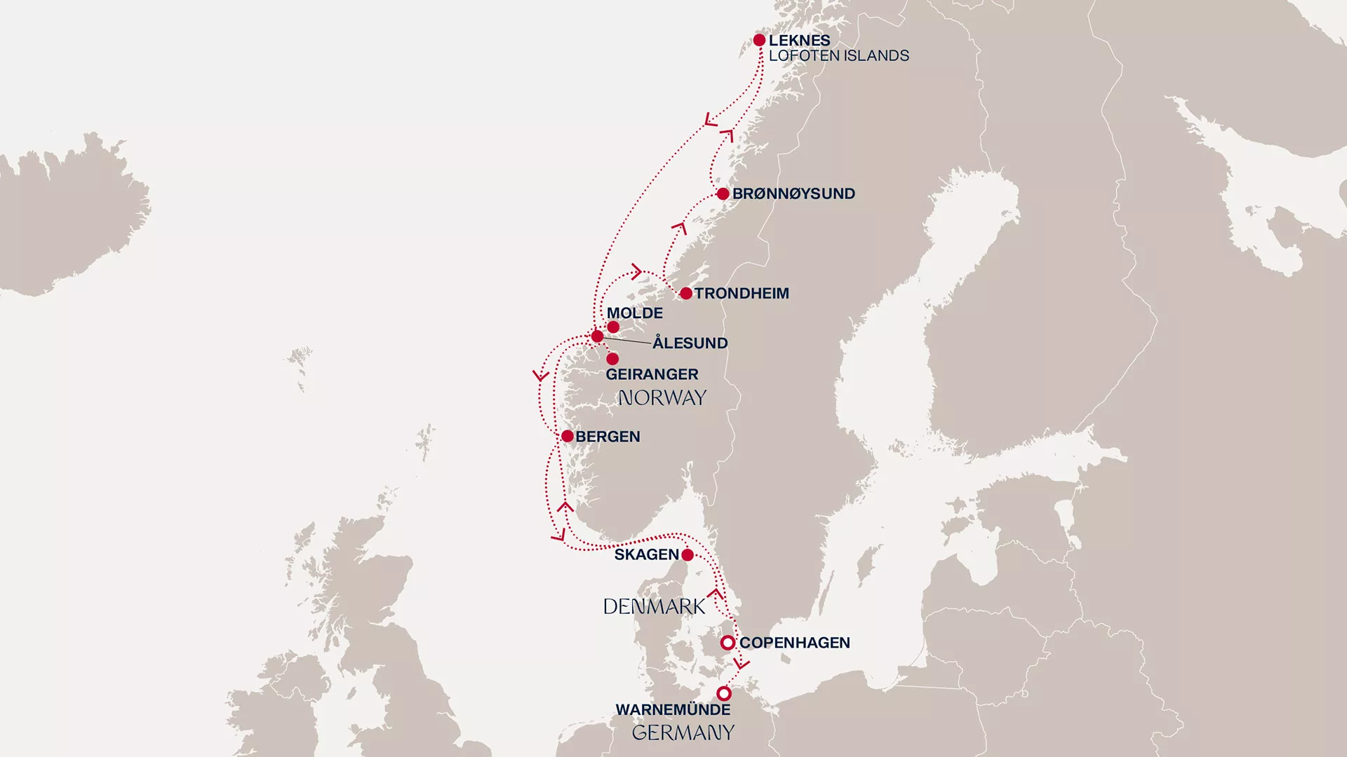Explora IV July 16-29 2027 cruise route map from Copenhagen to Warnemünde
