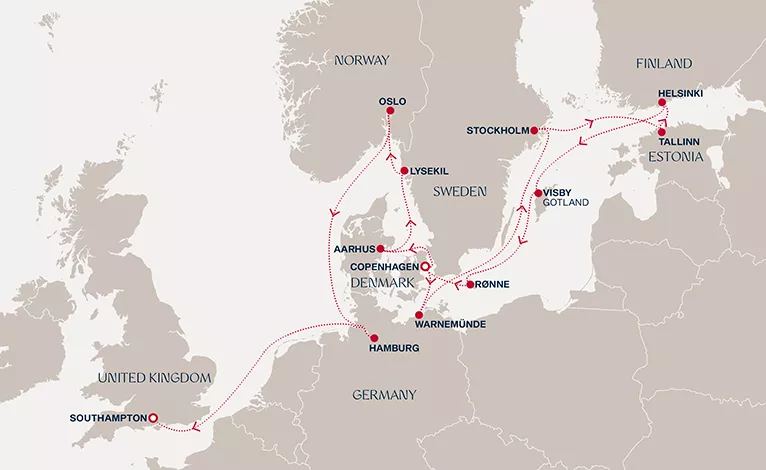 Explora IV July 28-August 13 2027 cruise route map from Copenhagen to Southampton