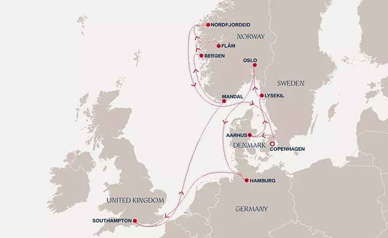 Explora IV August 6-20 2027 cruise route map from Copenhagen to Copenhagen