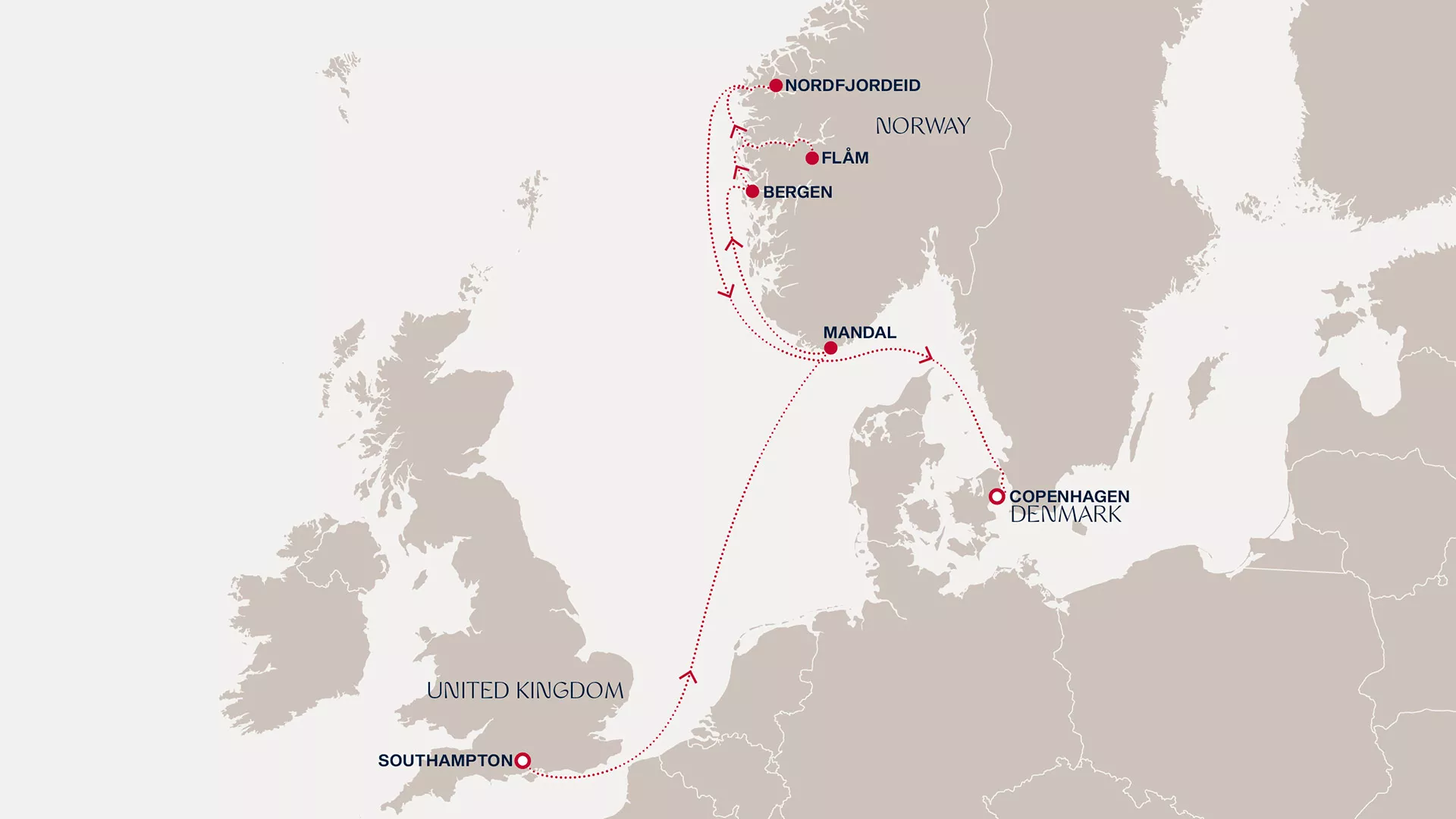 Explora IV August 13-20 2027 cruise route map from Southampton to Copenhagen