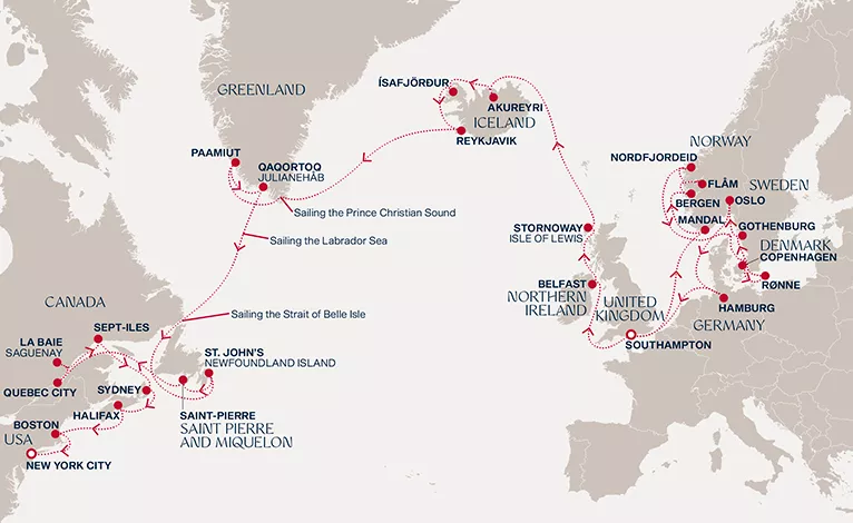 Explora IV August 13-September 25 2027 cruise route map from Southampton to New York City