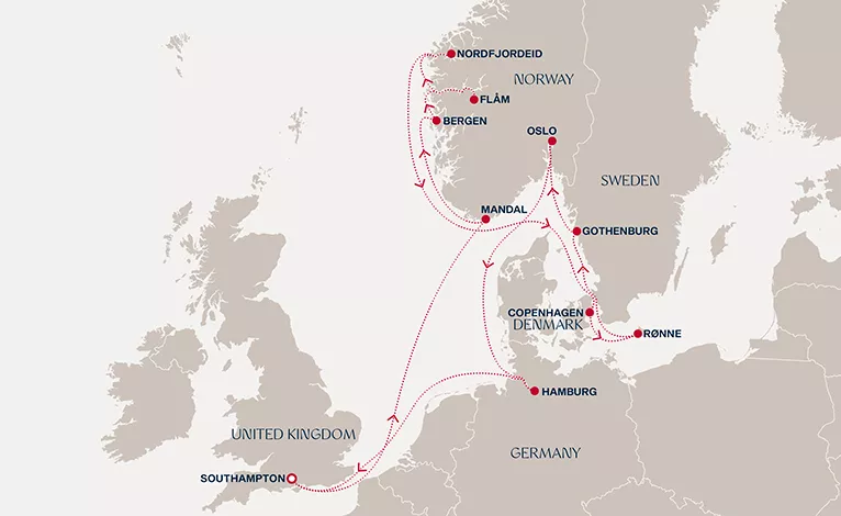 Explora IV August 13-27 2027 cruise route map from Southampton to Southampton