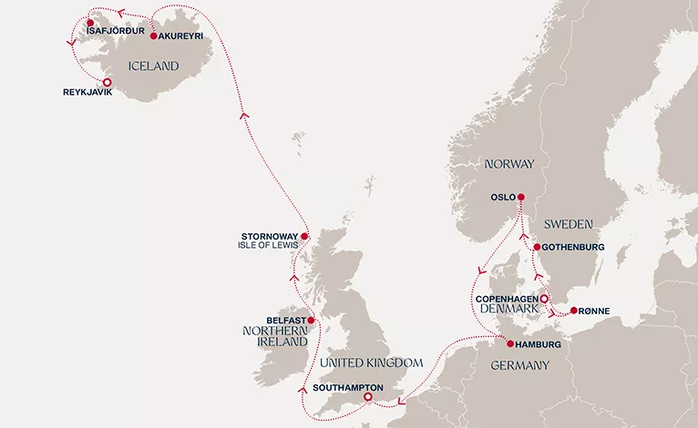 Explora IV August 20-September 4 2027 cruise route map from Copenhagen to Reykjavik