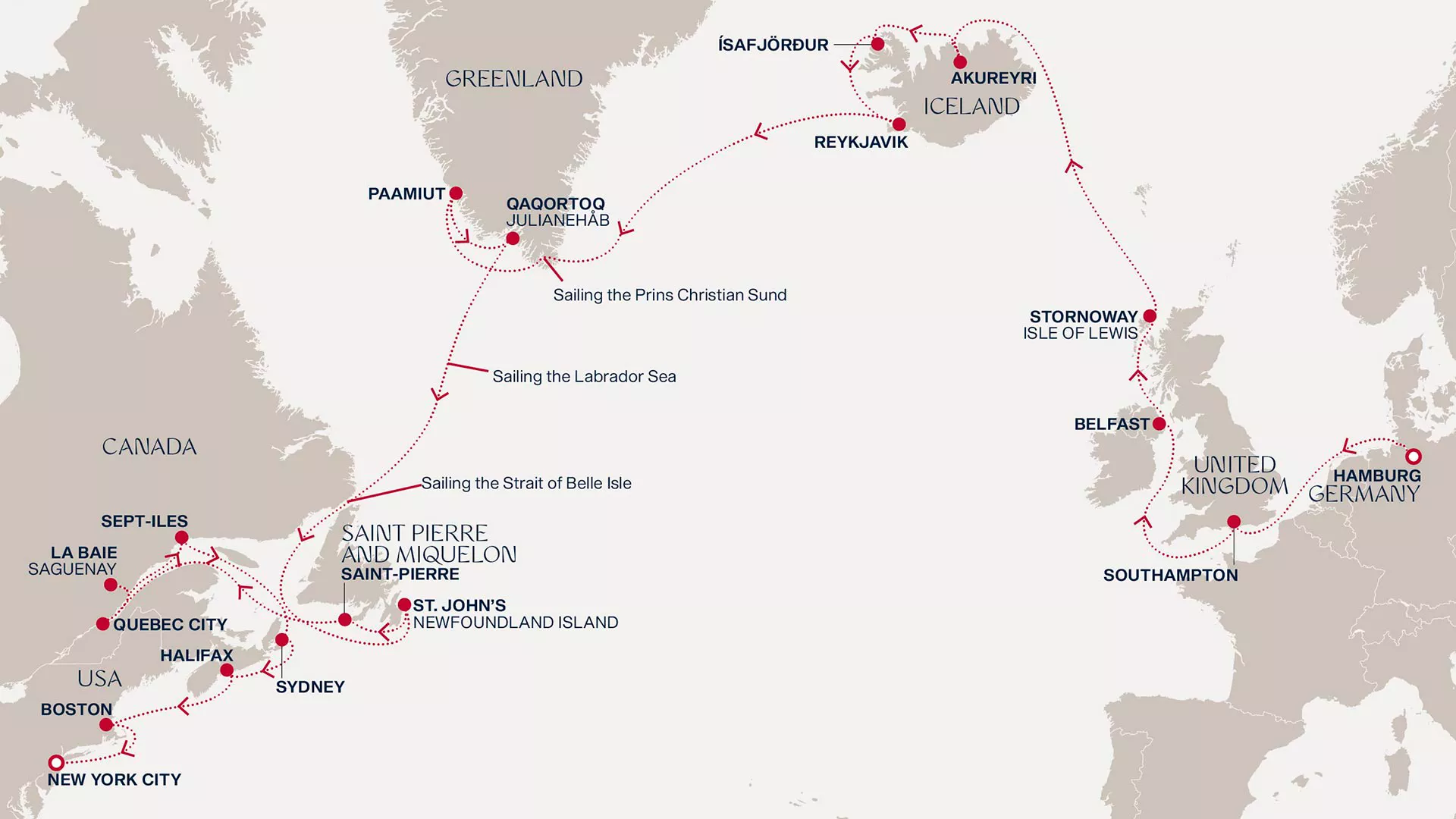 Explora IV August 25-September 25 2027 cruise route map from Hamburg to New York City