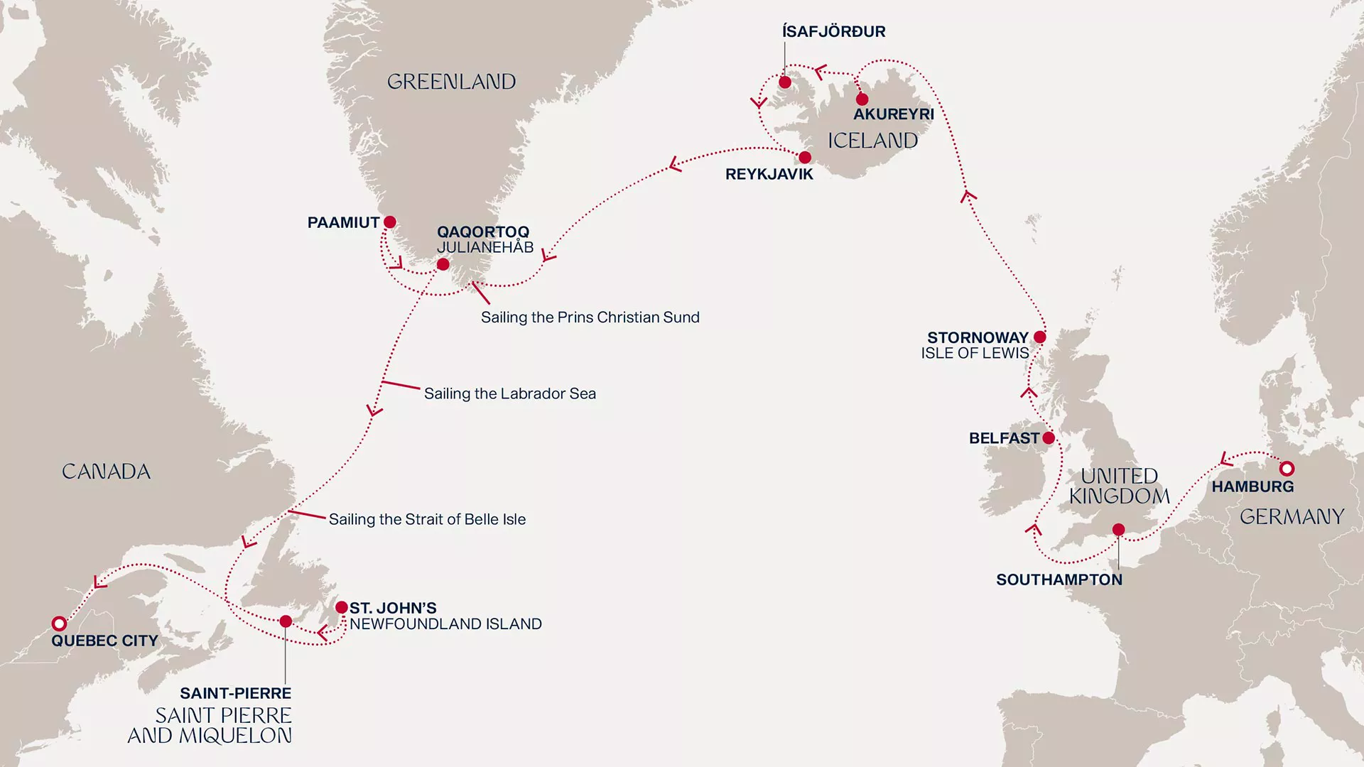 Explora IV August 25-September 15 2027 cruise route map from Hamburg to Quebec City