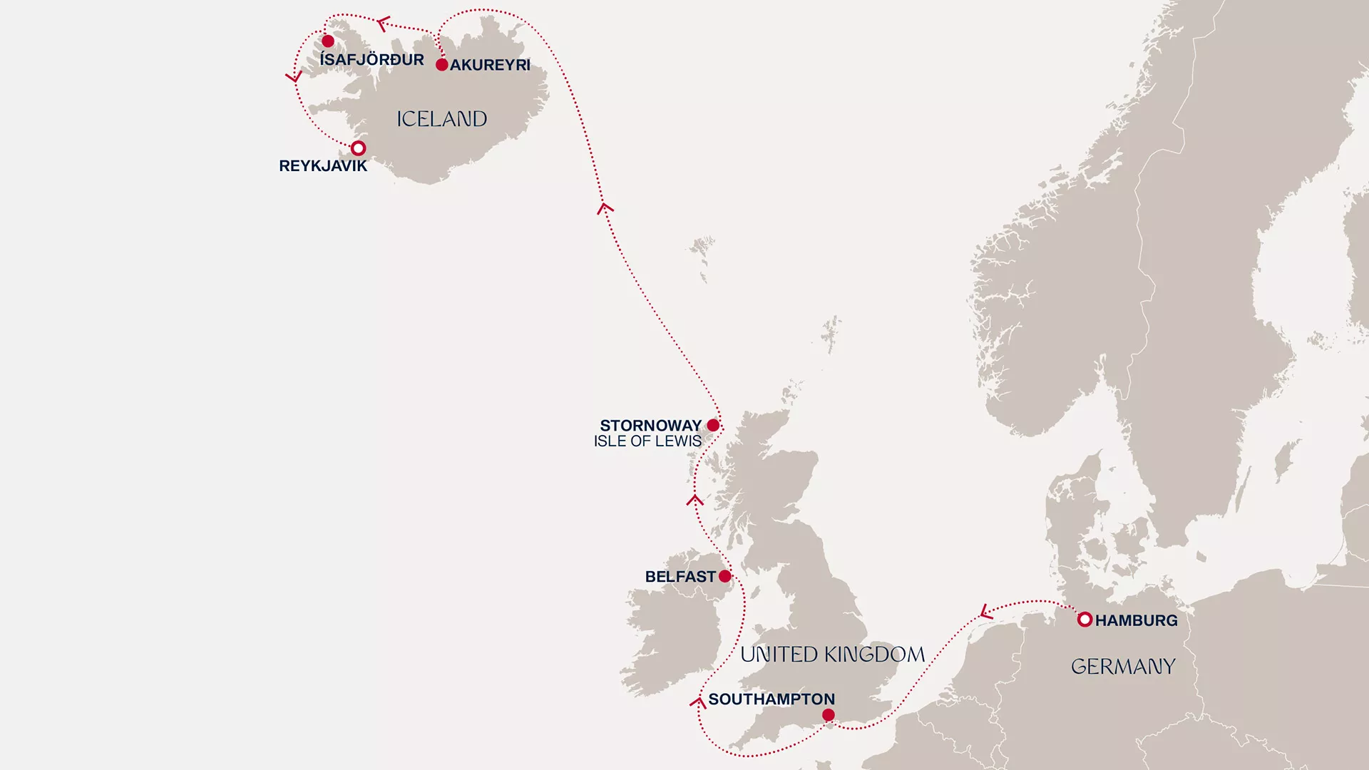 Explora IV August 25-September 4 2027 cruise route map from Hamburg to Reykjavik