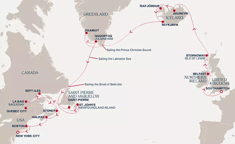Explora IV August 27-September 25 2027 cruise route map from Southampton to New York City
