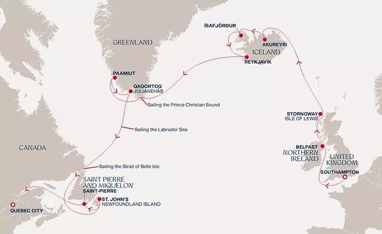 Explora IV August 27-September 15 2027 cruise route map from Southampton to Quebec City