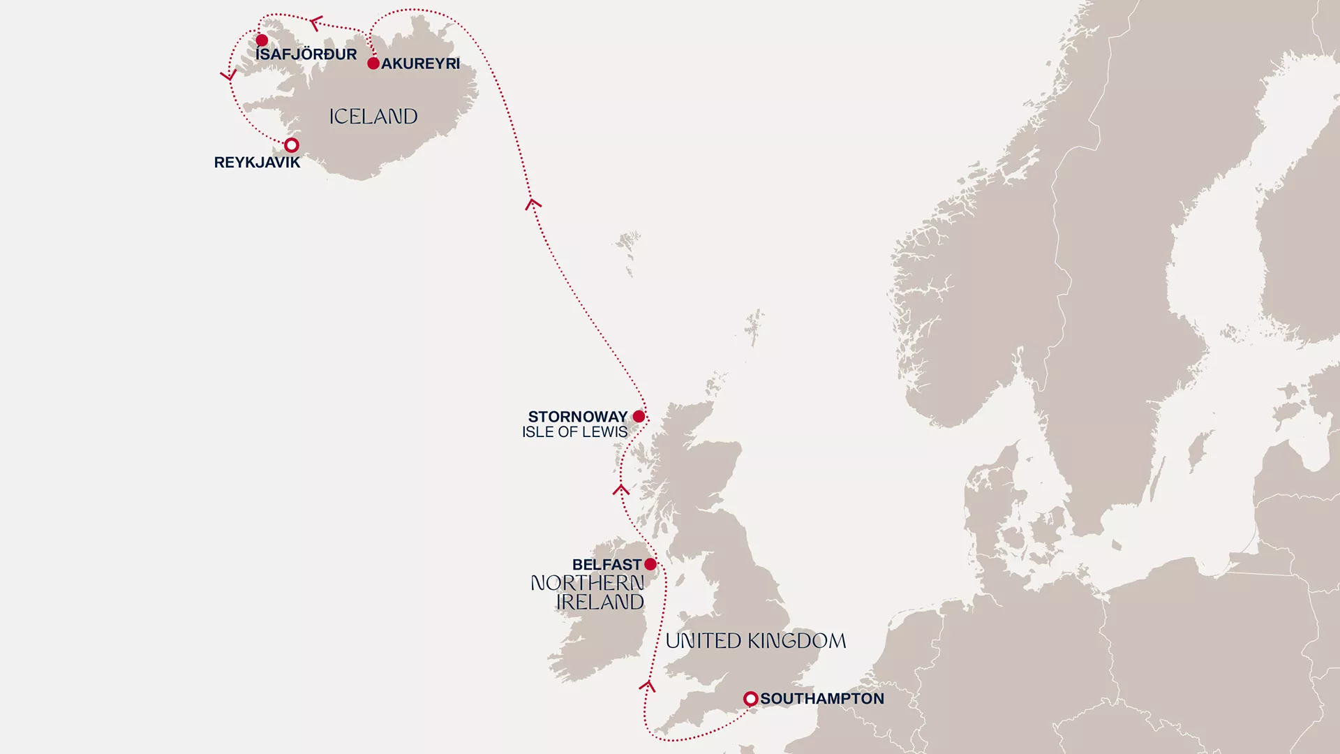 Explora IV August 27-September 4 2027 cruise route map from Southampton to Reykjavik