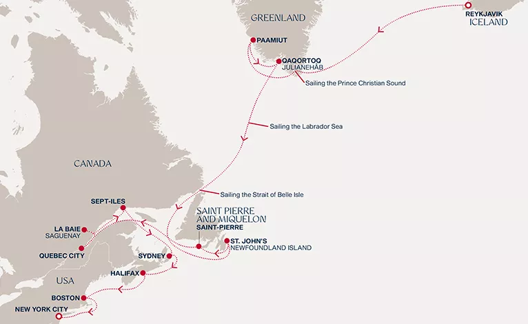 Explora IV September 4-25 2027 cruise route map from Reykjavik to New York City