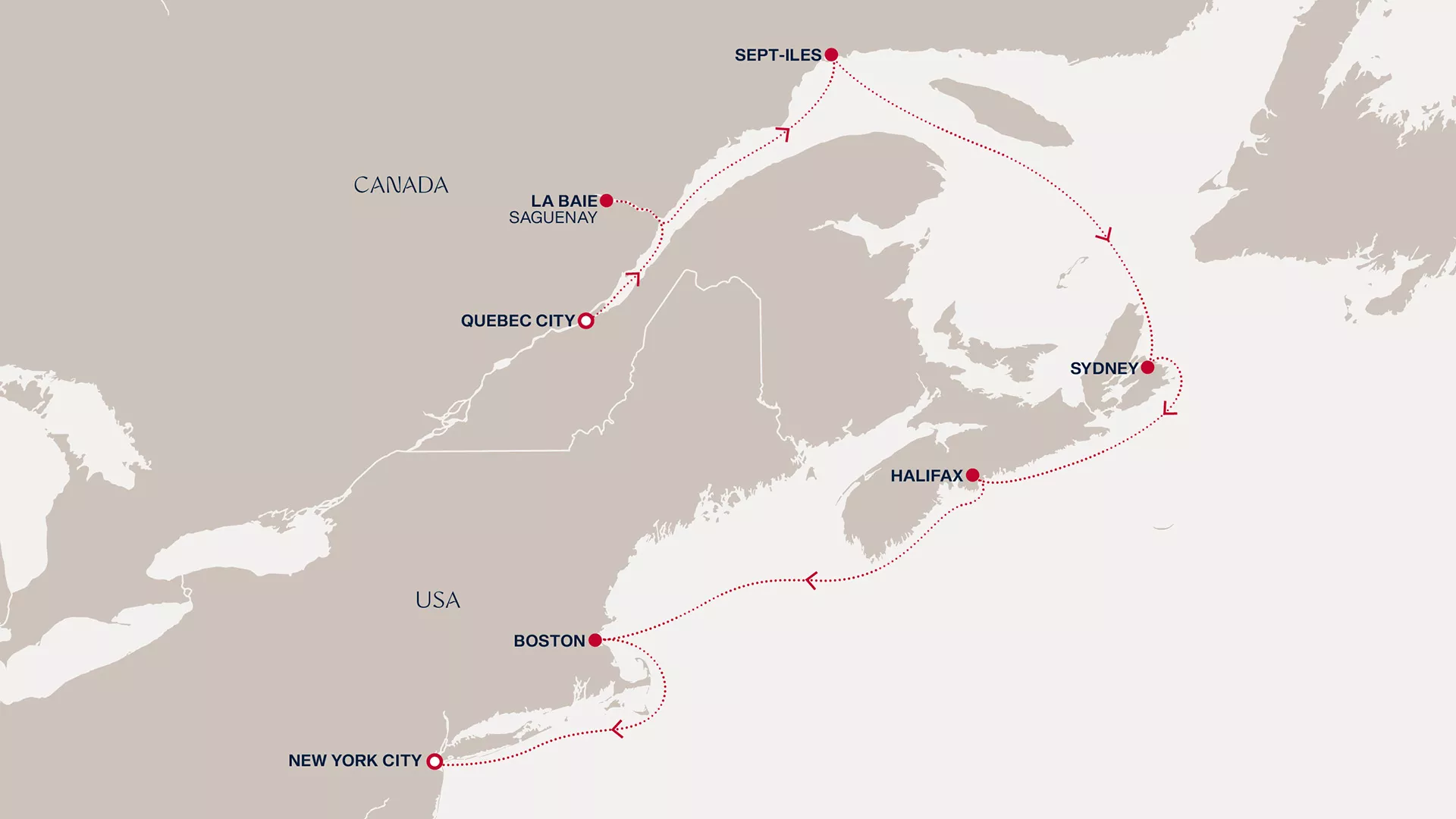 Explora IV September 15-25 2027 cruise route map from Quebec City to New York City