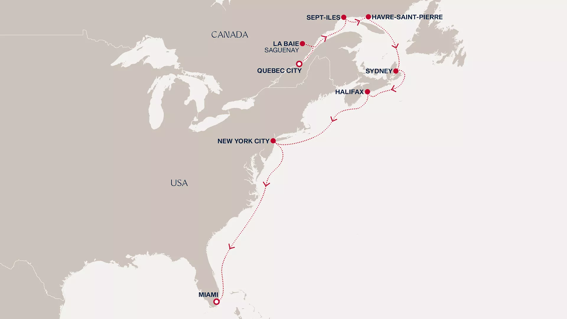 Explora IV October 25-November 5 2027 cruise route map from Quebec City to Miami