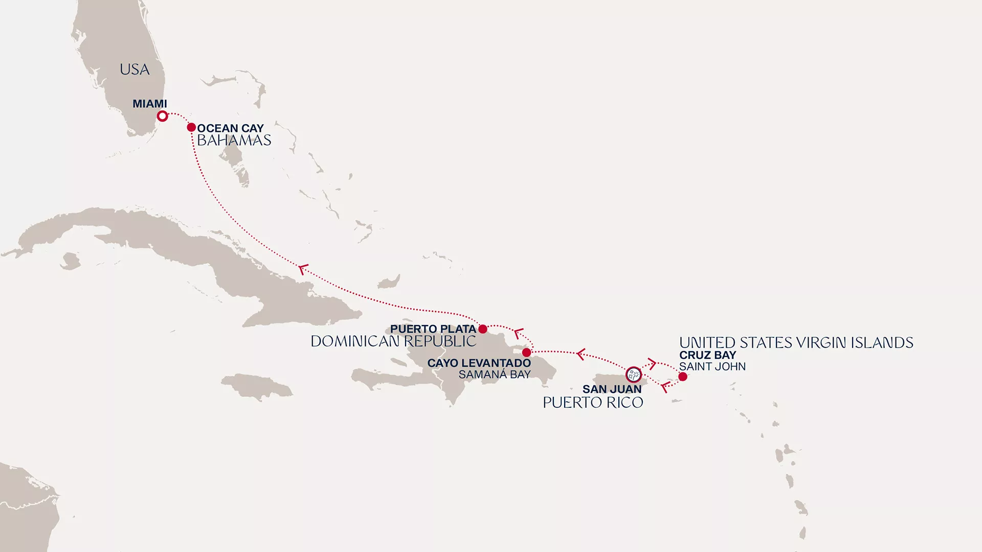 Explora IV December 30 2027-January 6 2028 cruise route map from San Juan to Miami