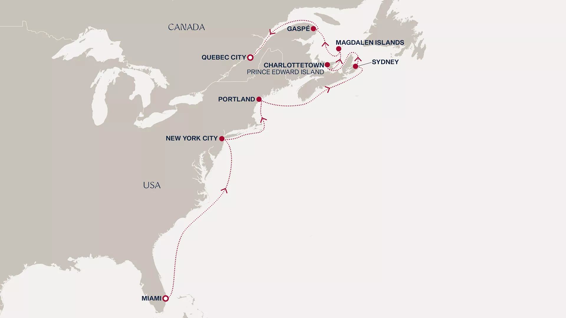 Explora IV May 6-18 2028 cruise route map from Miami to Quebec City