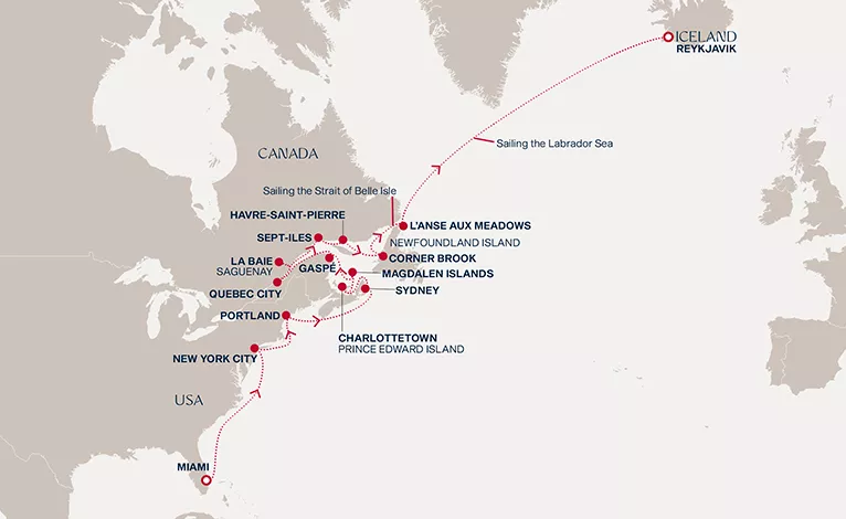 Explora IV May 6-28 2028 cruise route map from Miami to Reykjavik