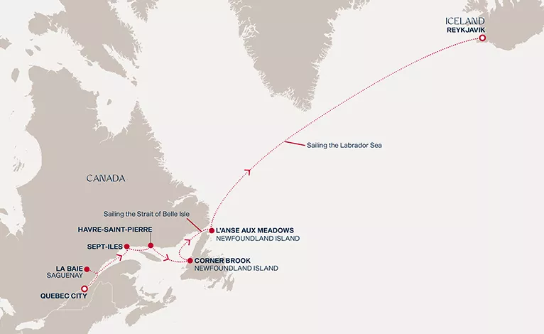 Explora IV May 18-28 2028 cruise route map from Quebec City to Reykjavik