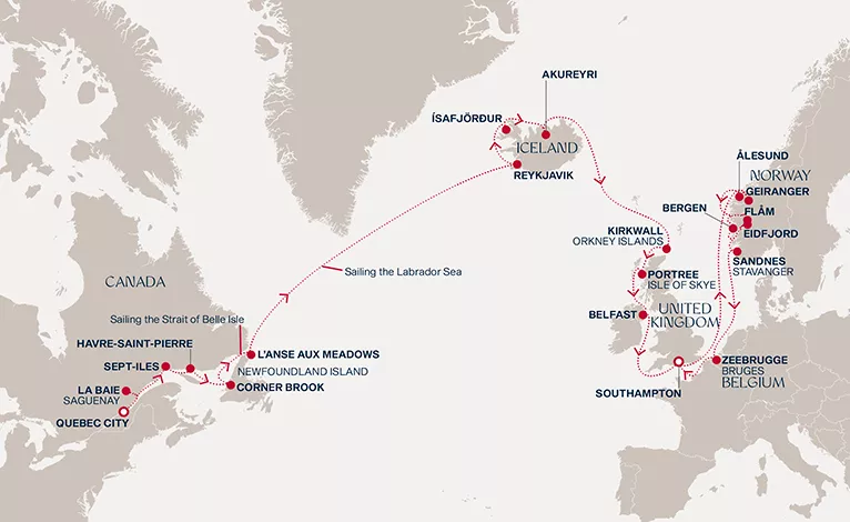 Explora IV May 18-June 16 2028 cruise route map from Quebec City to Southampton
