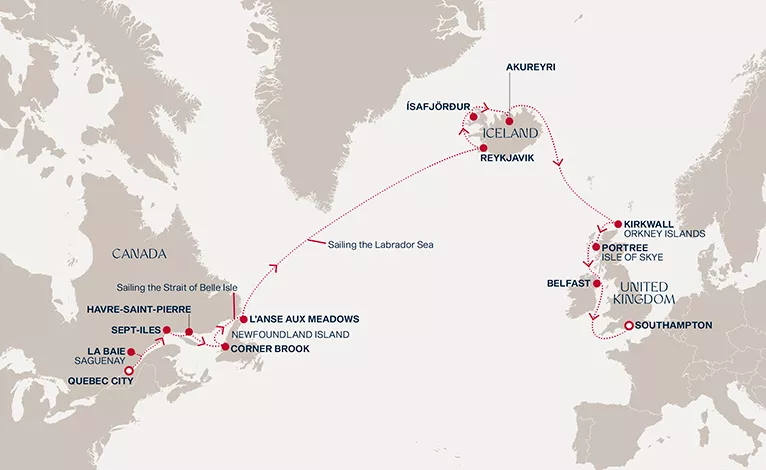 Explora IV May 18-June 5 2028 cruise route map from Quebec City to Southampton
