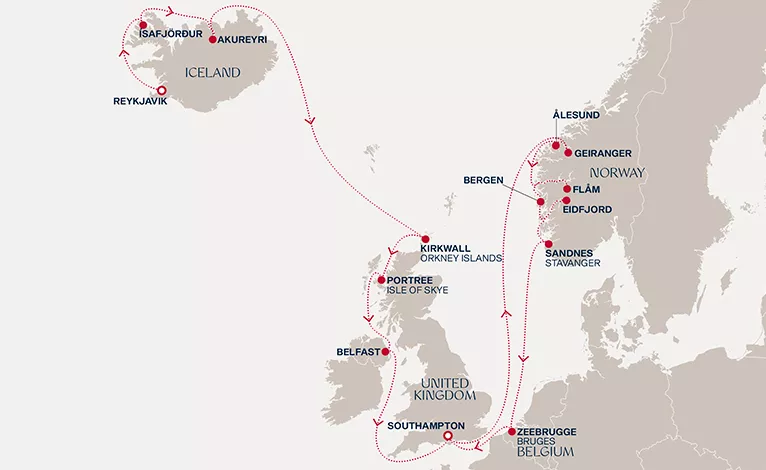 Explora IV May 28-June 16 2028 cruise route map from Reykjavik to Southampton
