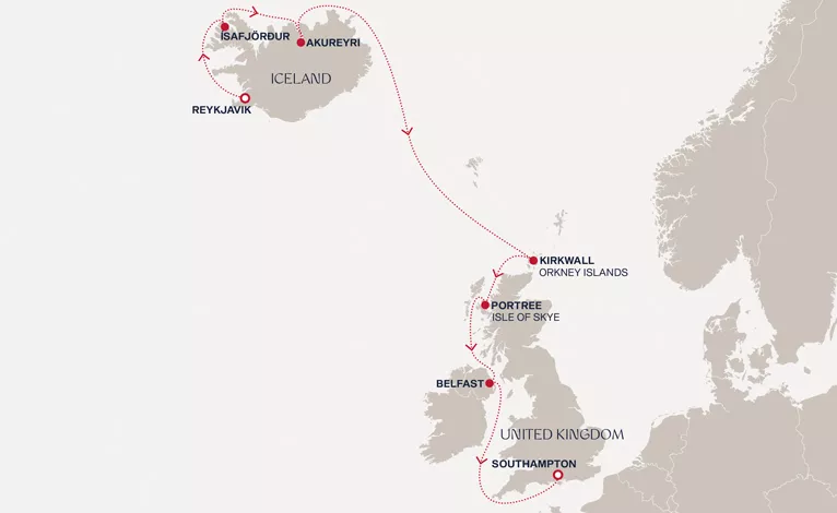 Explora IV May 28-June 5 2028 cruise route map from Reykjavik to Southampton