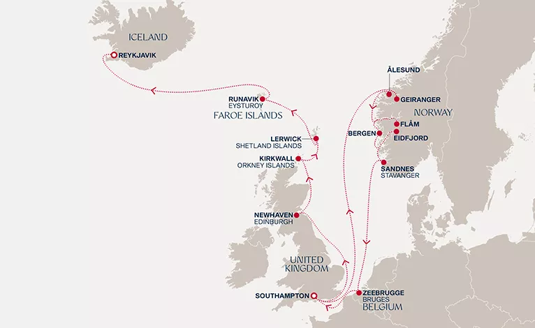 Explora IV June 5-23 2028 cruise route map from Southampton to Reykjavik