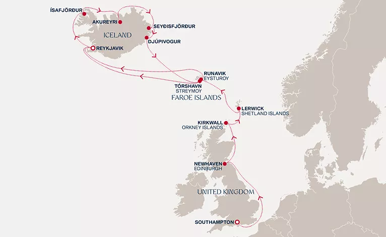 Explora IV June 16-30 2028 cruise route map from Southampton to Reykjavik