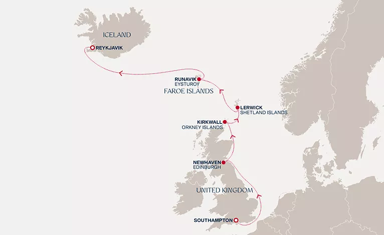 Explora IV June 16-23 2028 cruise route map from Southampton to Reykjavik