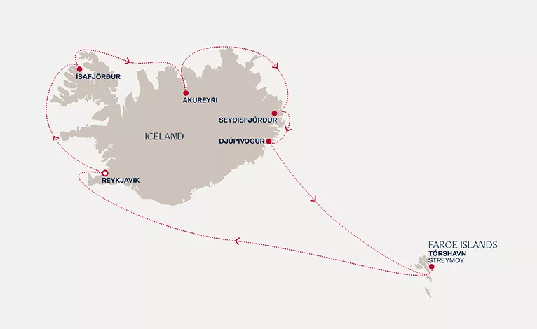 Explora IV June 23-30 2028 cruise route map from Reykjavik to Reykjavik