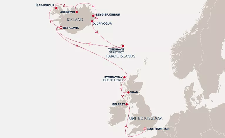 Explora IV June 23-July 7 2028 cruise route map from Reykjavik to Southampton