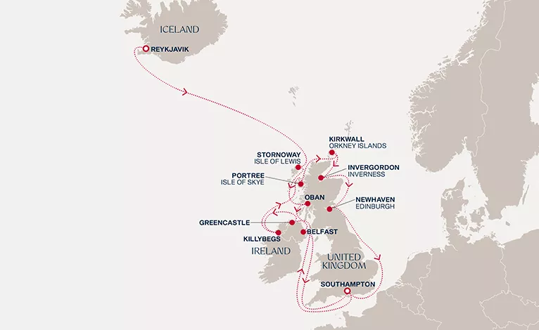 Explora IV June 30-July 16 2028 cruise route map from Reykjavik to Southampton