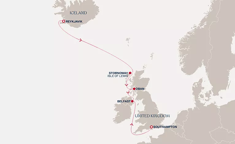 Explora IV June 30-July 7 2028 cruise route map from Reykjavik to Southampton