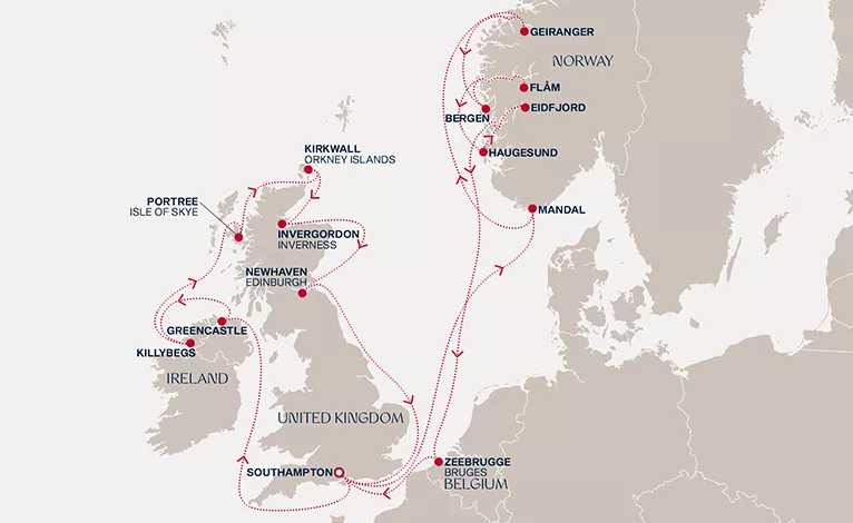 Explora IV July 7-27 2028 cruise route map from Southampton to Southampton