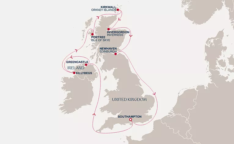 Explora IV July 7-16 2028 cruise route map from Southampton to Southampton