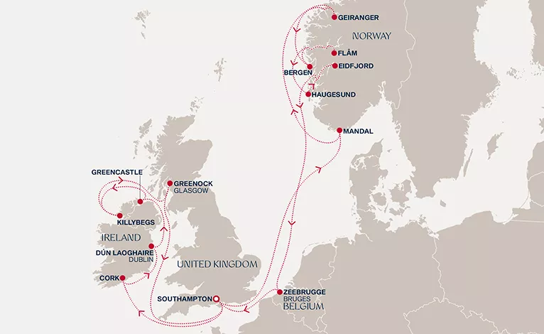 Explora IV July 16-August 4 2028 cruise route map from Southampton to Southampton