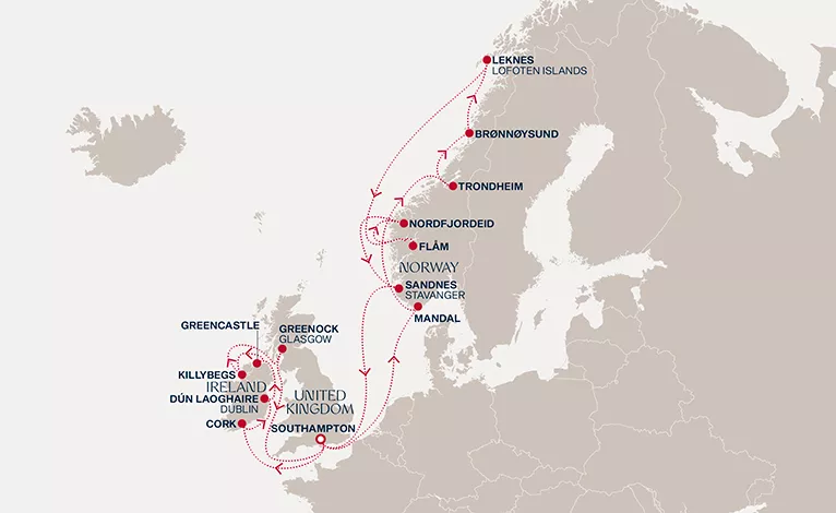 Explora IV July 27-August 16 2028 cruise route map from Southampton to Southampton
