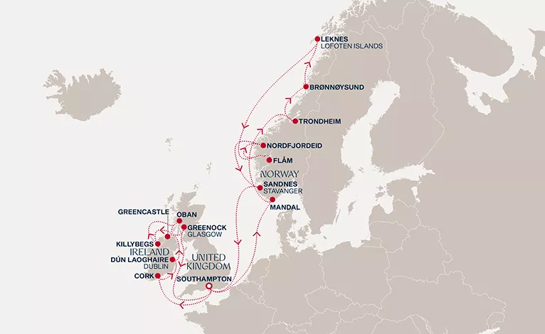 Explora IV August 4-25 2028 cruise route map from Southampton to Southampton