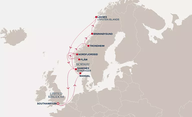 Explora IV August 4-16 2028 cruise route map from Southampton to Southampton