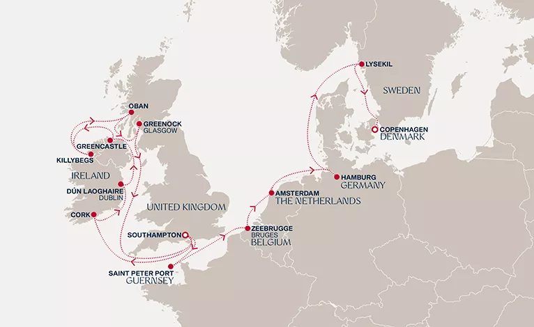 Explora IV August 16-September 2 2028 cruise route map from Southampton to Copenhagen