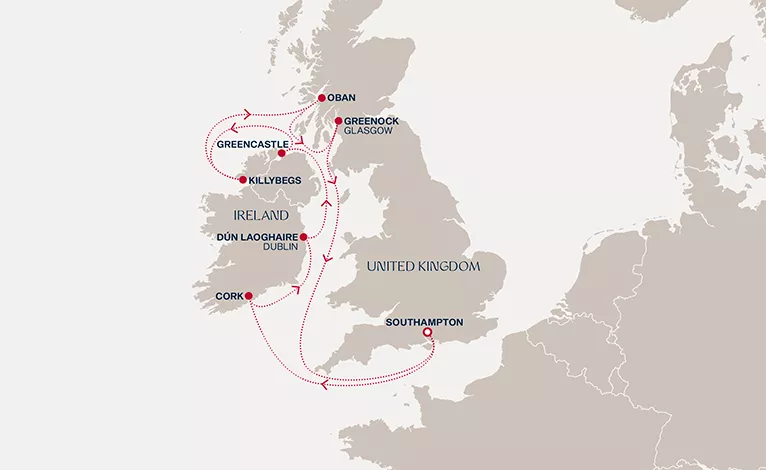 Explora IV August 16-25 2028 cruise route map from Southampton to Southampton